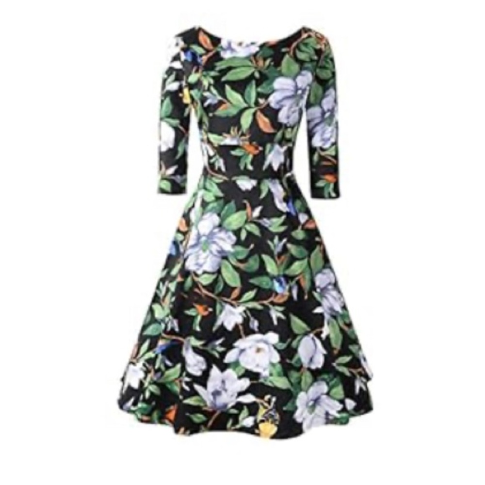 Chicanary Women's Black V-Neck 3/4 Sleeve Swing Vintage Dress